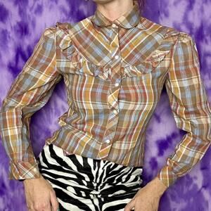 70s western cottage plaid blouse with ruffle collar and button up front